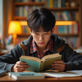 University student reading in a vibrant study environment.