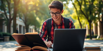 University student studying on a lively campus with books.