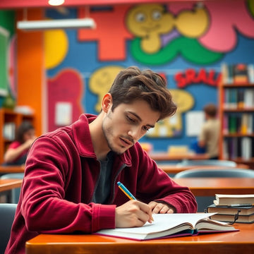 University student writing in a colorful study space.