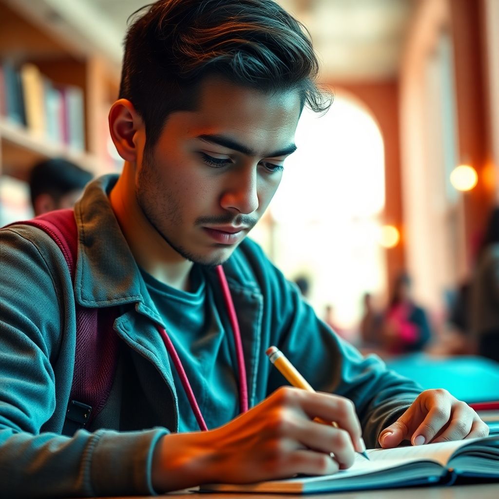 Estudante universitário concentrado escrevendo em um ambiente vibrante.