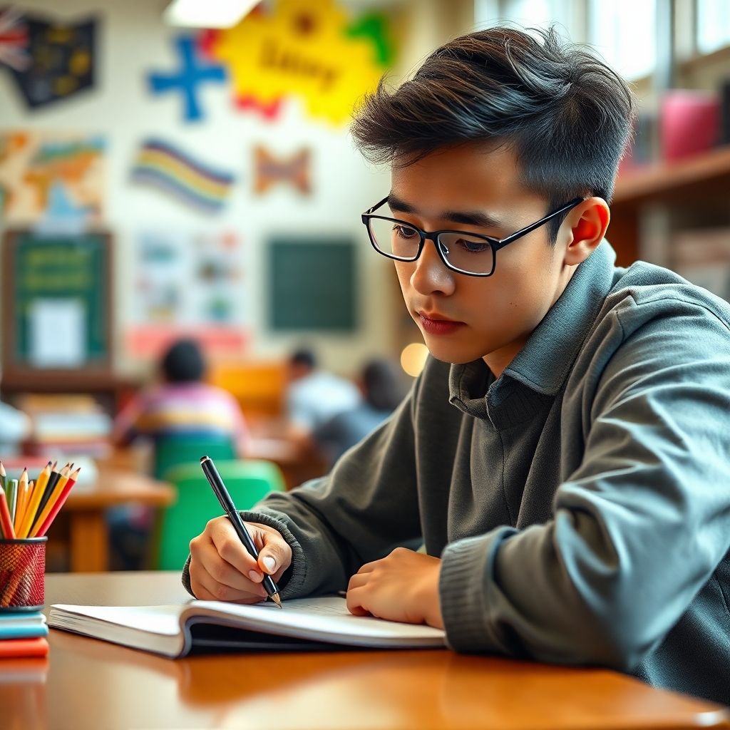 Estudante universitário escrevendo em um ambiente colorido.