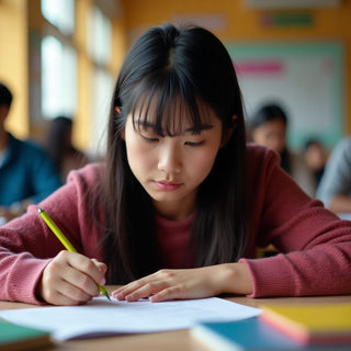 University student focused on writing at a study desk.