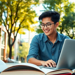 University student in vibrant campus environment with books.