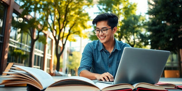 University student in vibrant campus environment with books.