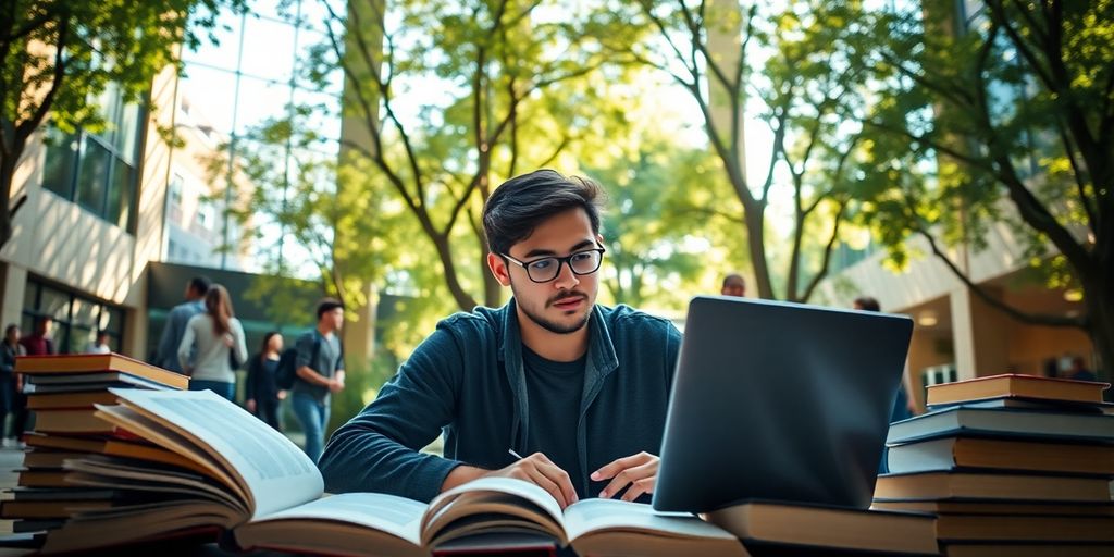 University student studying on a lively campus.