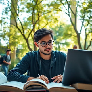 University student studying on a lively campus.