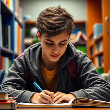 University student writing in a vibrant study environment.