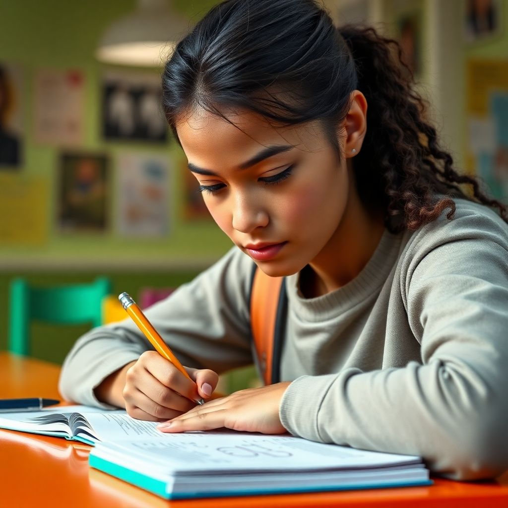 University student immersed in writing at a colorful desk.