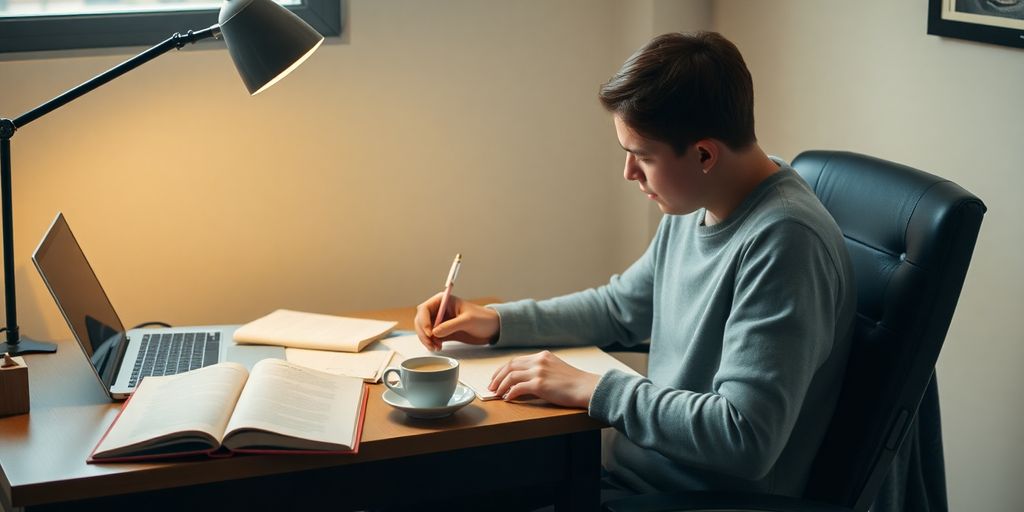Student writing thesis, books, laptop, coffee.