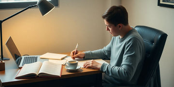 Student writing thesis, books, laptop, coffee.