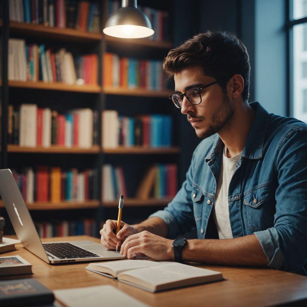 Estudiante trabajando en su tesis de investigación en un escritorio