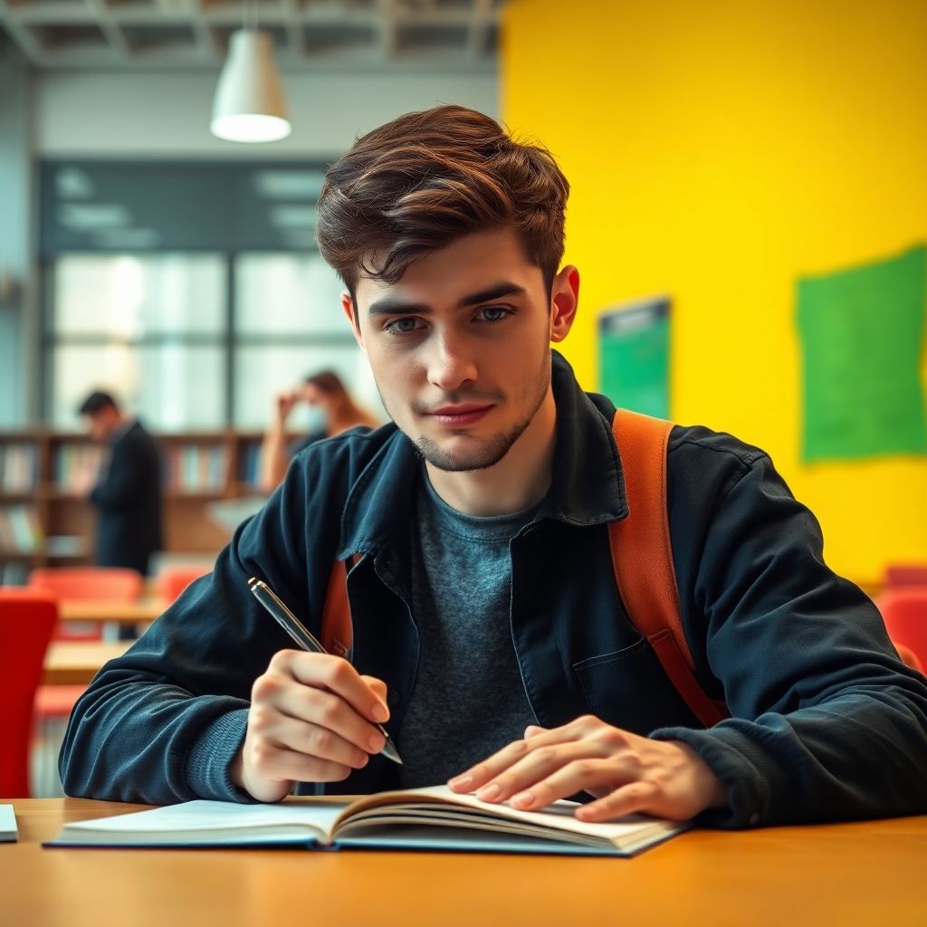 Estudiante universitario escribiendo en un entorno vibrante.