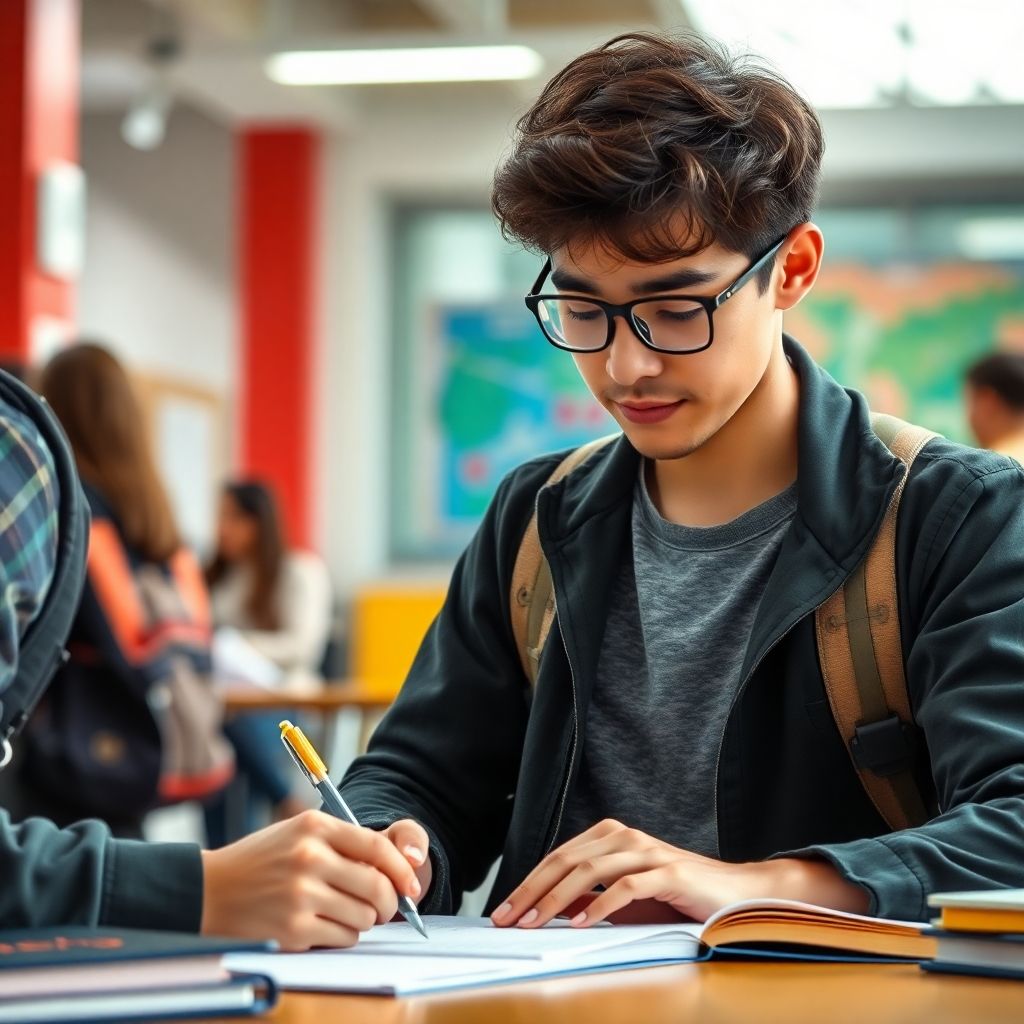 University student writing in a vibrant, colorful setting.