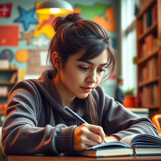 Estudante universitário escrevendo em um ambiente colorido.