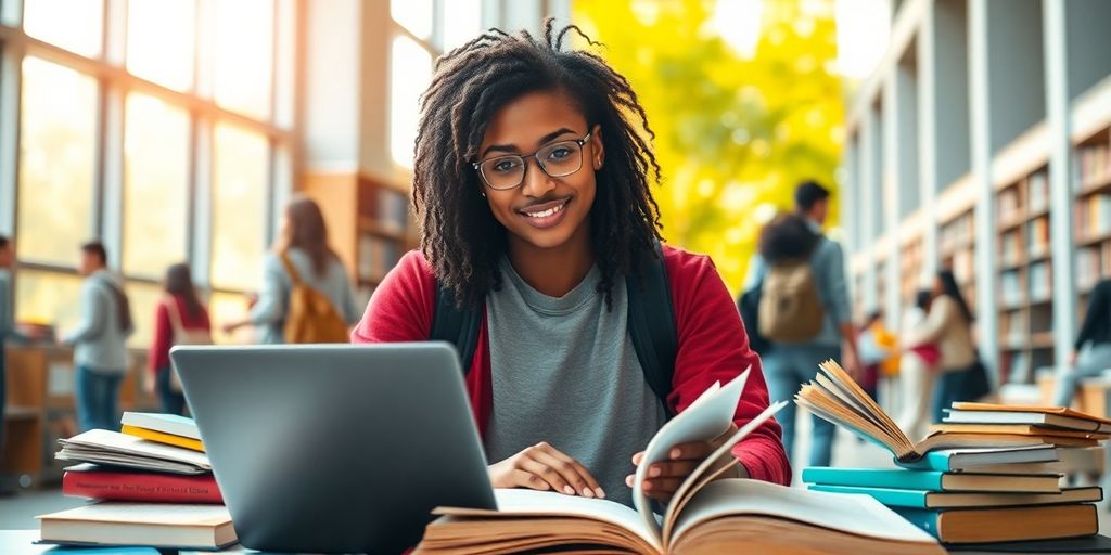 University student studying in a lively campus environment.