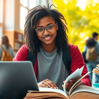 University student studying in a lively campus environment.