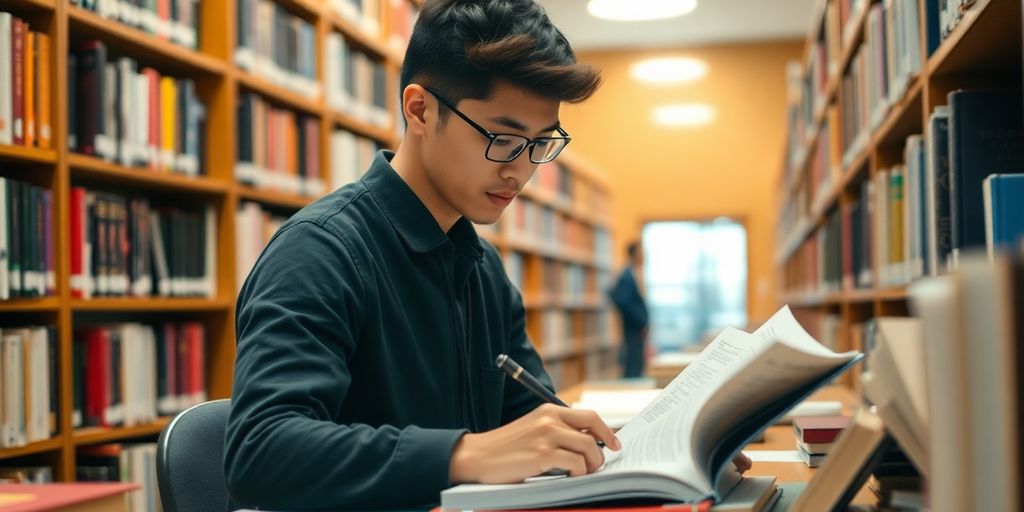 Student writing dissertation in a library filled with books.