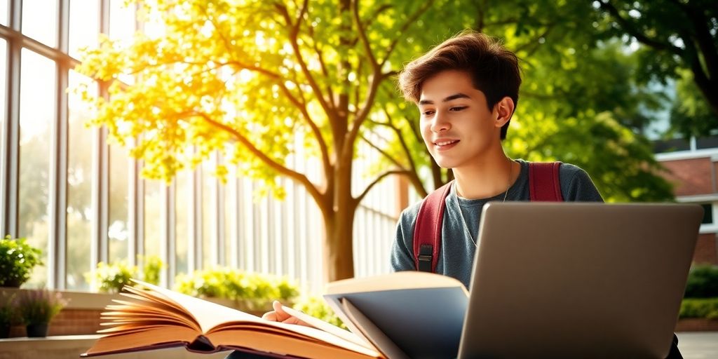 University student studying in a lively, sunlit campus.