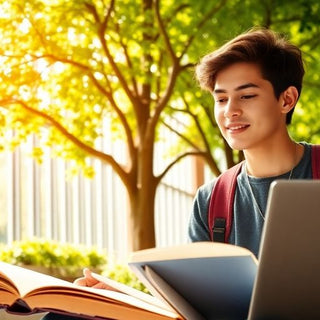 University student studying in a lively, sunlit campus.