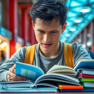 Estudante universitário concentrado na leitura.