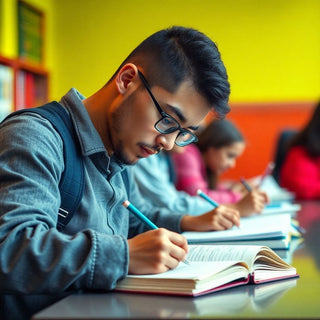 University student engaged in a writing activity, alone.