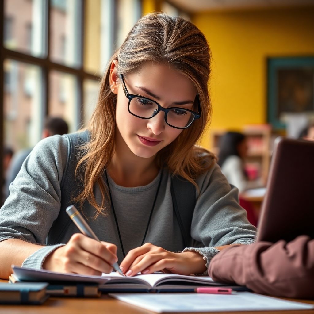 University student writing in a vibrant, colorful setting.