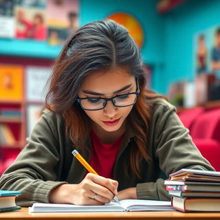 University student writing in a colorful study environment.