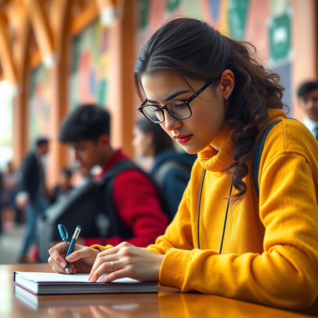 University student writing in a vibrant, colorful setting.