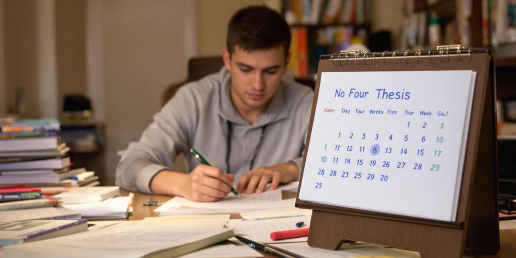 Student writing thesis at a cluttered desk.
