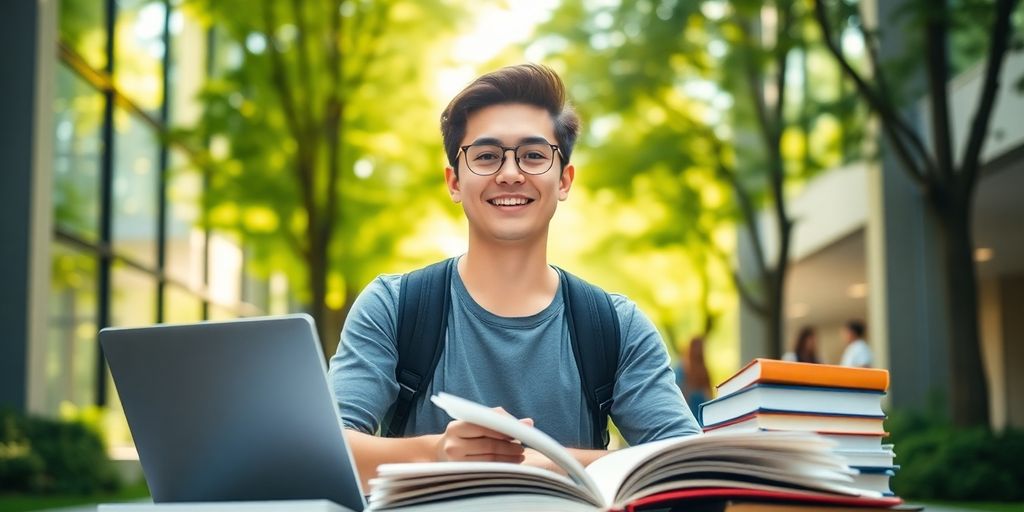 University student in lively campus surrounded by books and laptop.