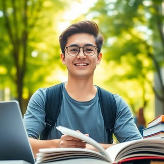 University student in lively campus surrounded by books and laptop.