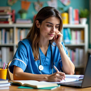 Étudiant en soins infirmiers étudiant dans un cadre universitaire coloré.