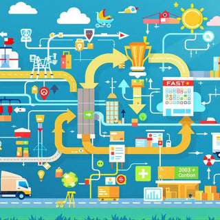 Interconnected supply chain elements with trucks and warehouses.