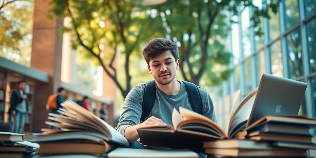 Estudiante universitario en un campus vibrante y luminoso.