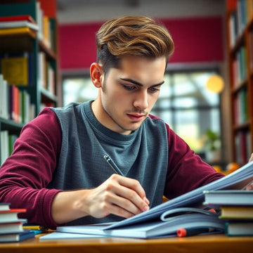 University student writing in a vibrant study environment.