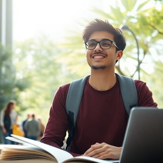 University student in a vibrant campus environment with books.