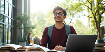 University student in a vibrant campus environment with books.