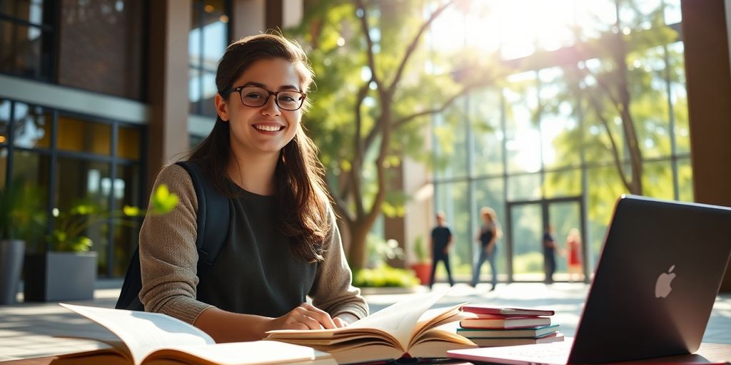 University student in vibrant campus with books and laptop.