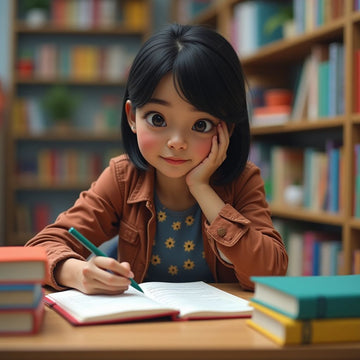 University student focused on writing at a desk.