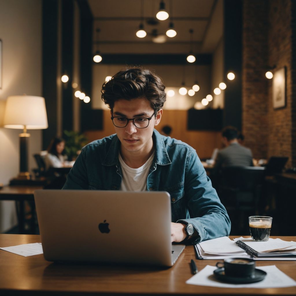 Student focused on laptop with thesis papers spread out