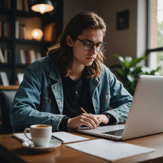 Student writing MBA thesis with laptop and coffee