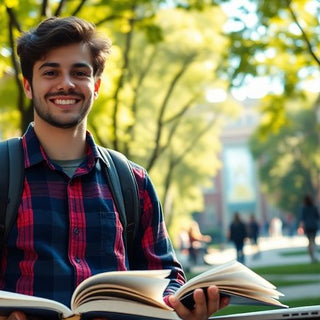 University student in a vibrant campus environment with books.