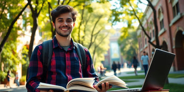 University student in a vibrant campus environment with books.