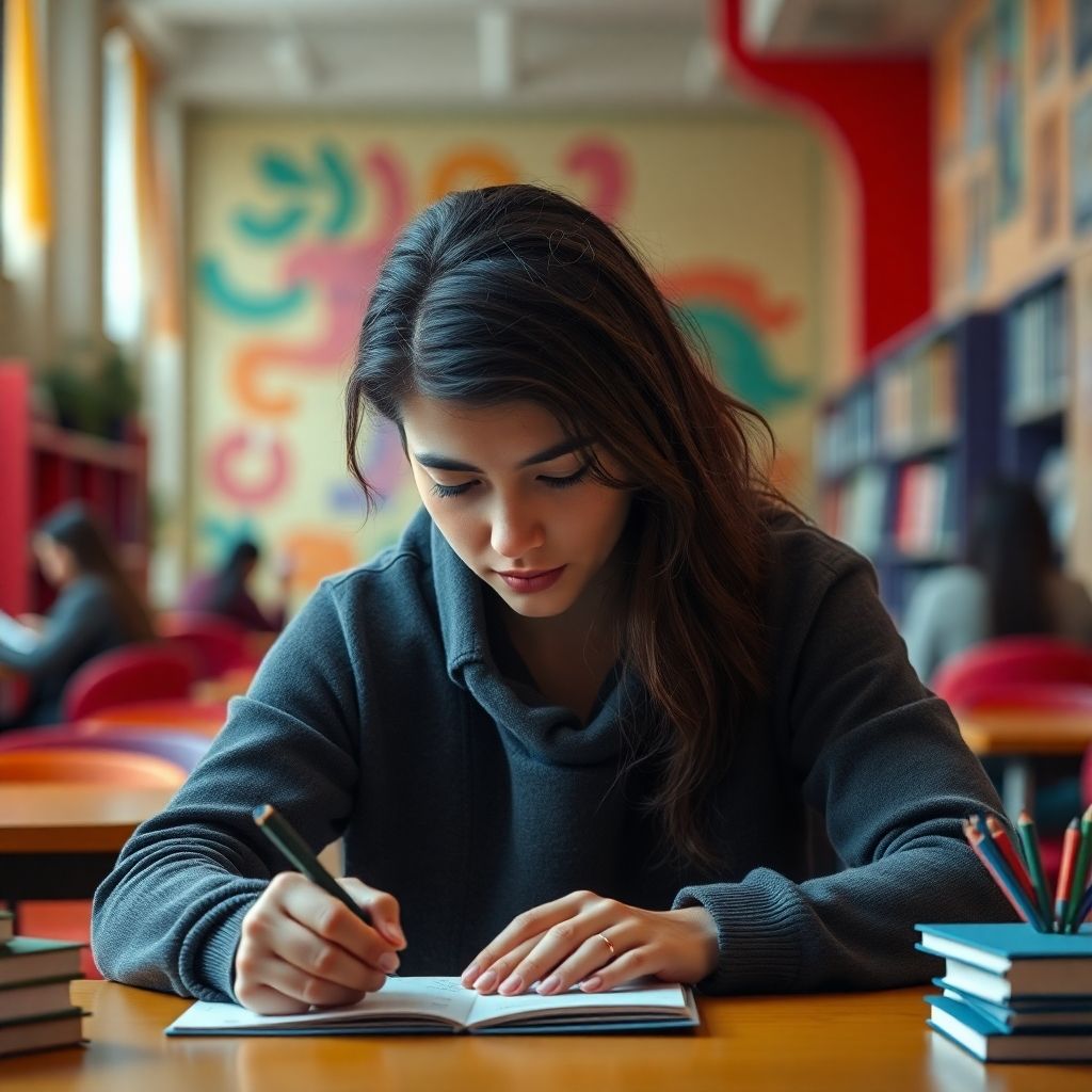 Estudante universitário escrevendo em um ambiente vibrante.