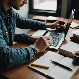 Student writing thesis with books and laptop on desk