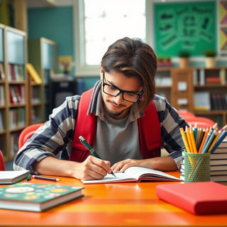 University student writing at a colorful study table.