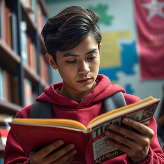 University student reading in a vibrant, colorful setting.