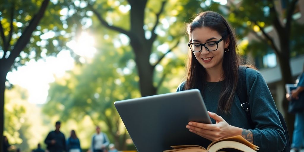 University student studying in a lively campus setting.