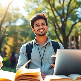 University student on campus with books and laptop.