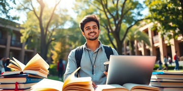 University student on campus with books and laptop.